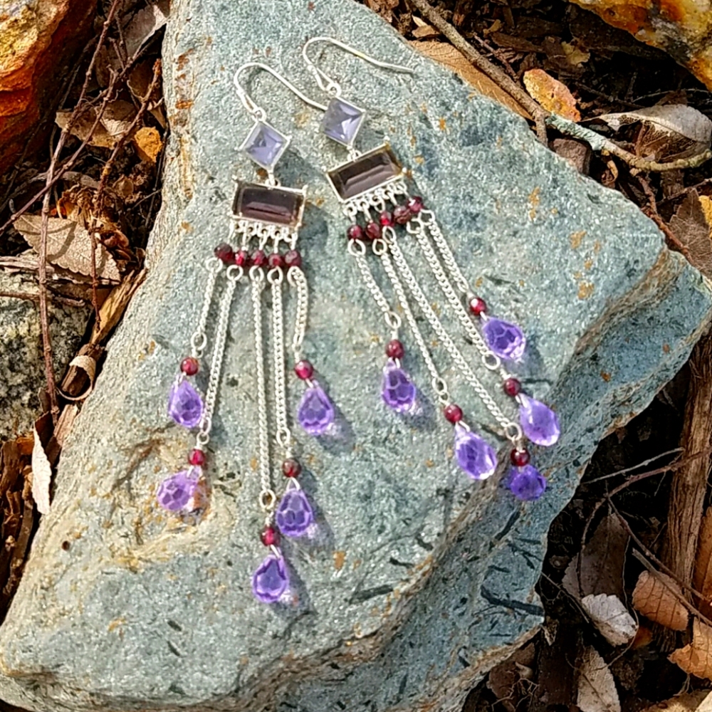 EUC Bebe purple jewelled chandelier earrings